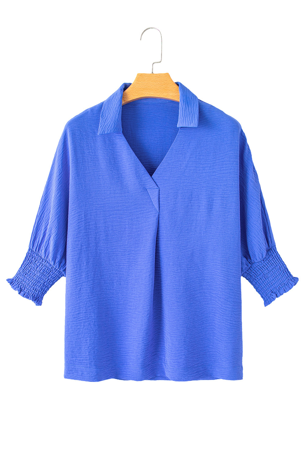 Dark Blue Crinkled Collared Smocked Cuffs Dolman Top