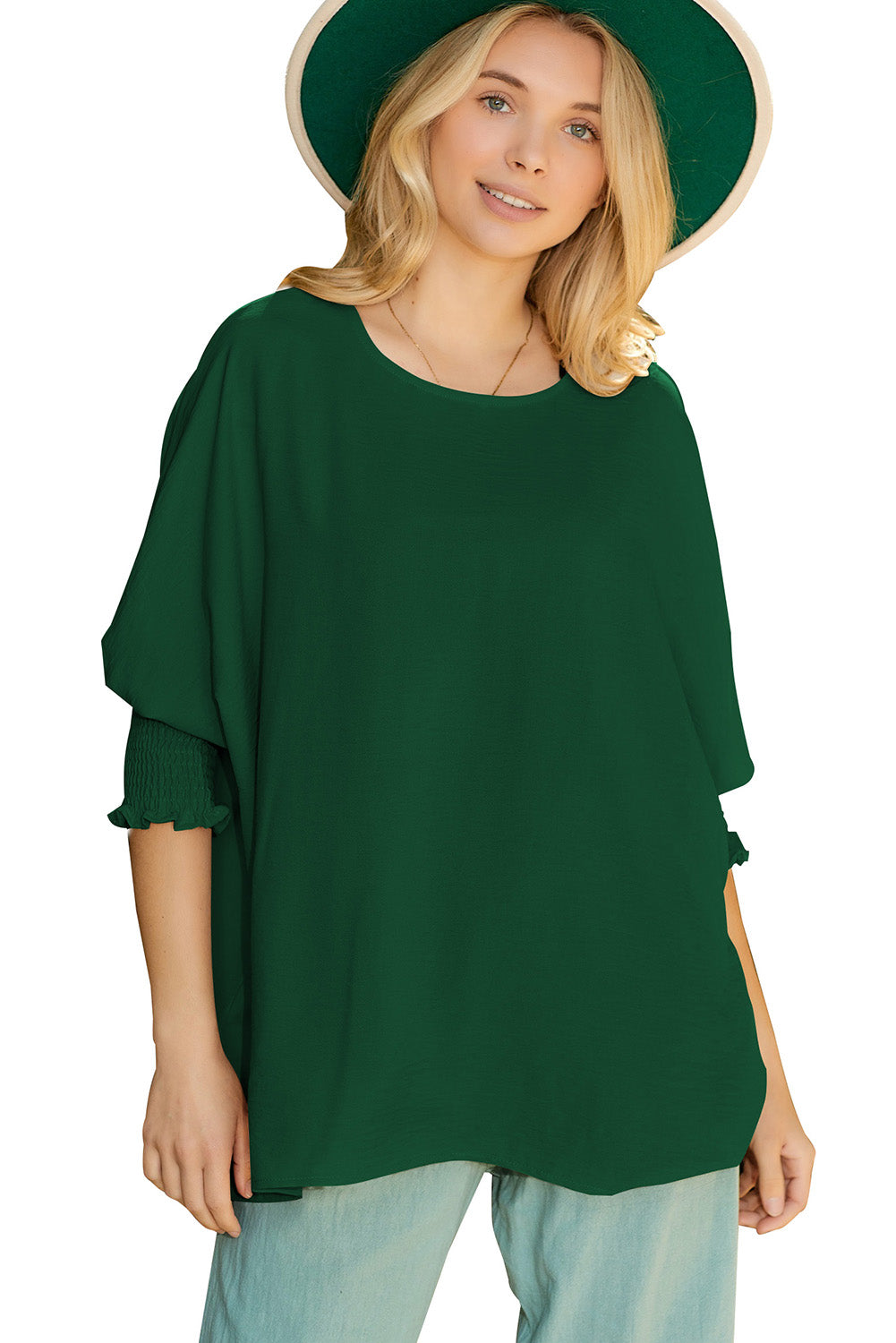 Blusa informal de media manga con puños fruncidos, color blanco, lisa