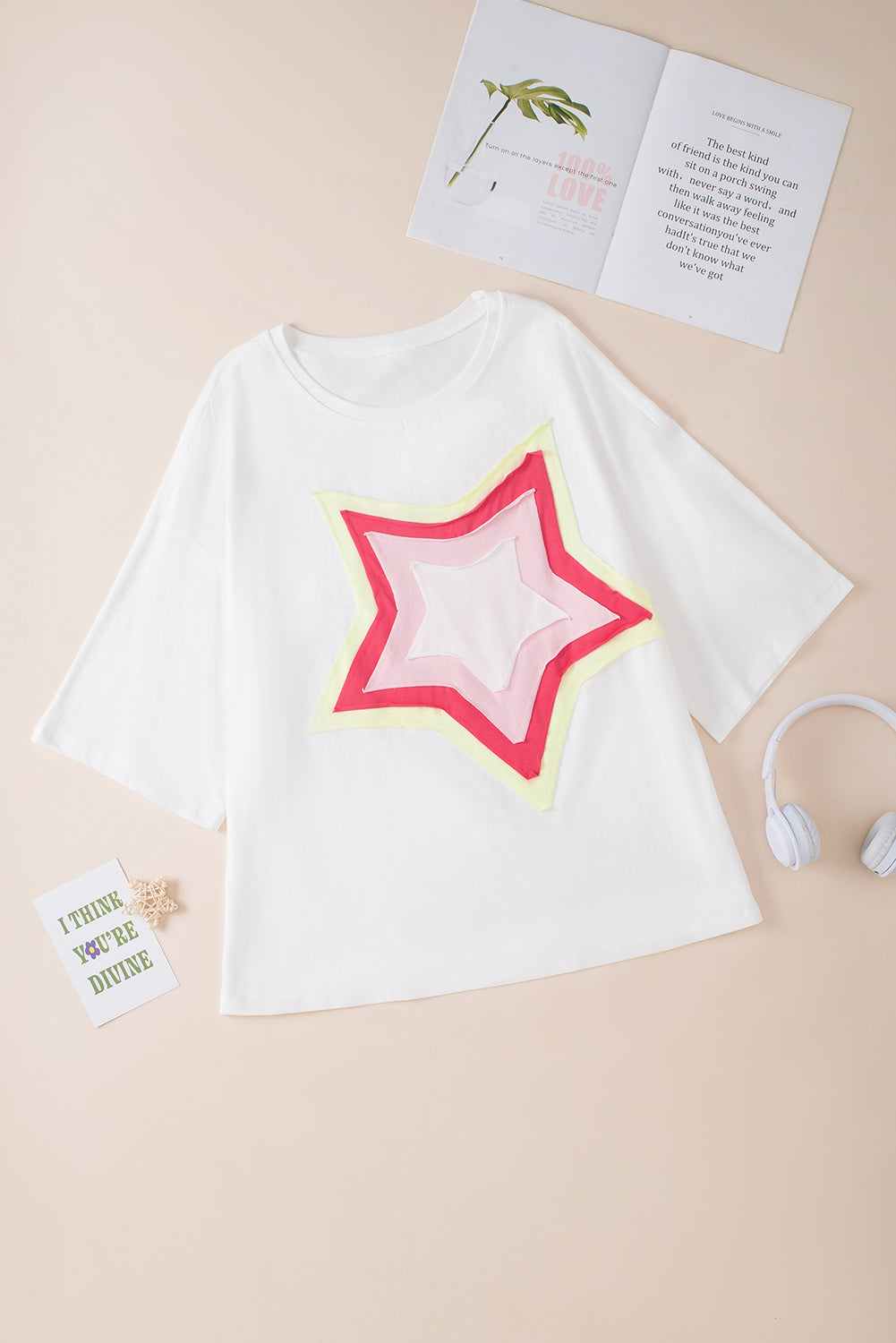 Camiseta extragrande de manga corta con parches de estrellas y bloques de color Bonbon