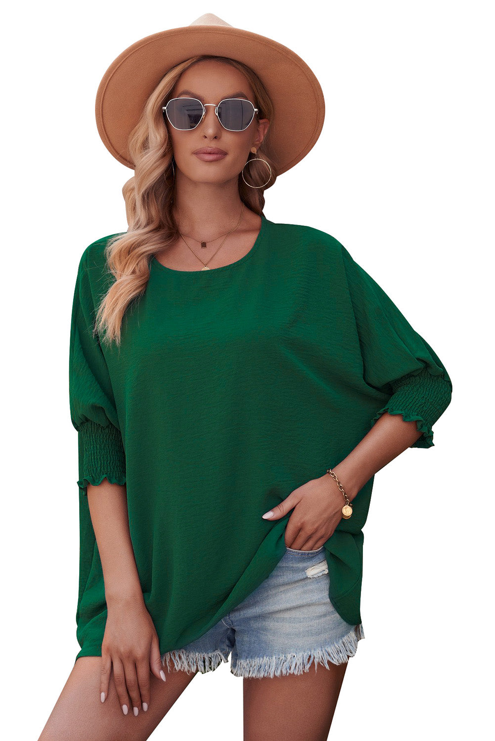 Blusa informal de media manga con puños fruncidos, color blanco, lisa