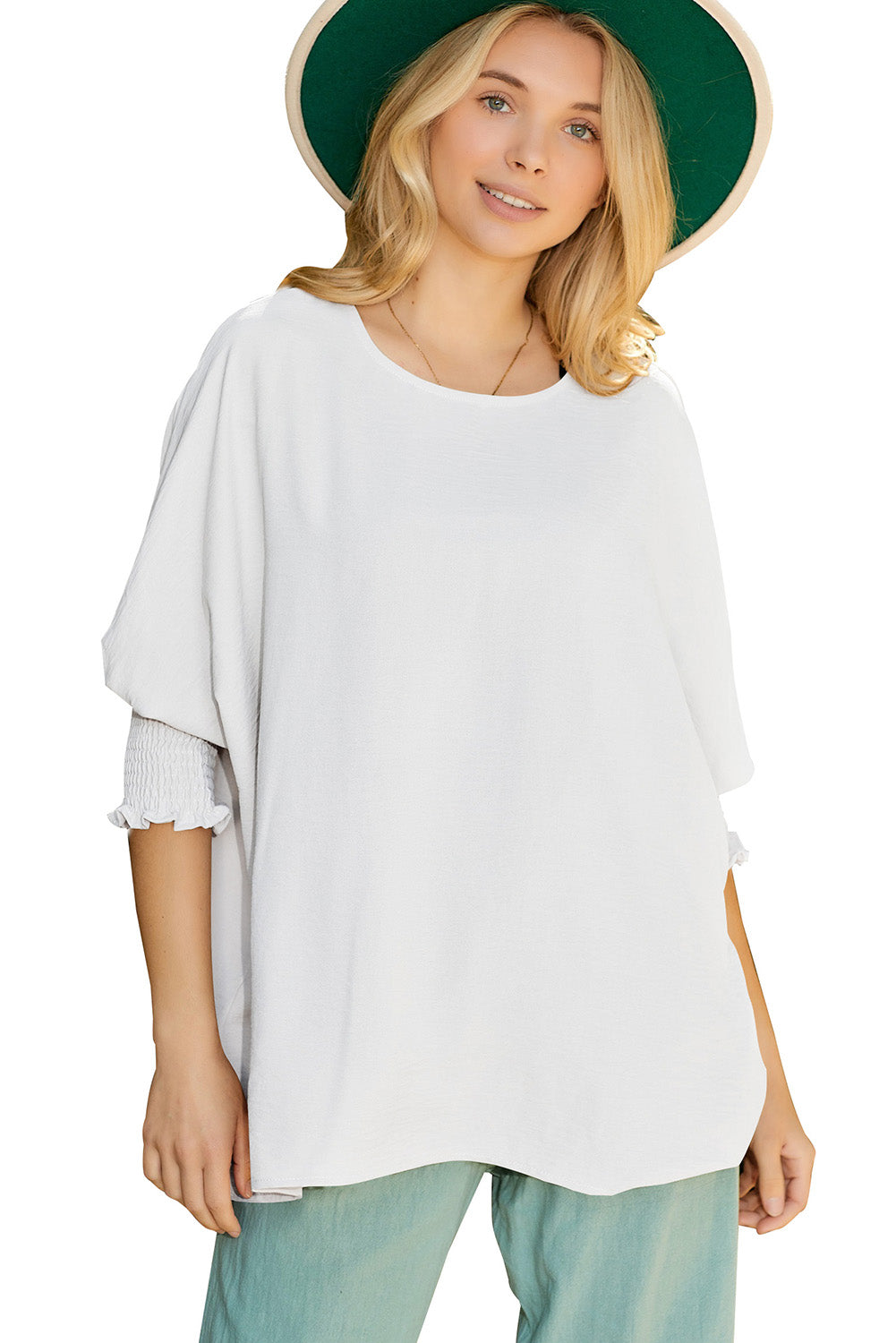 Blusa informal de media manga con puños fruncidos, color blanco, lisa
