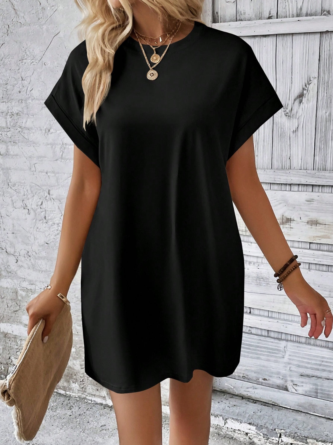Vestido mini de cuello redondo y manga corta | Tallas S a 2XL | 8 COLORES