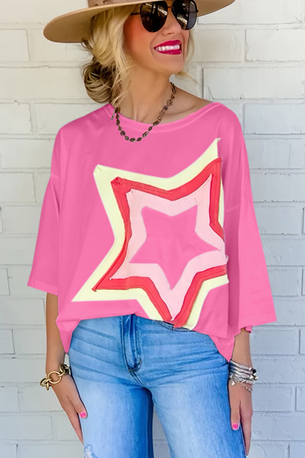 Camiseta extragrande de manga corta con parches de estrellas y bloques de color Bonbon