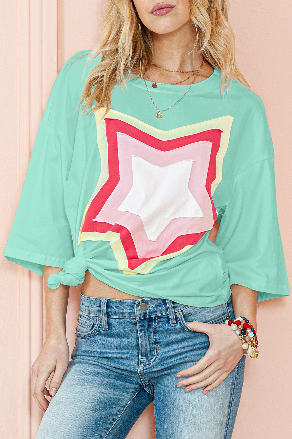 Camiseta extragrande de manga corta con parches de estrellas y bloques de color Bonbon