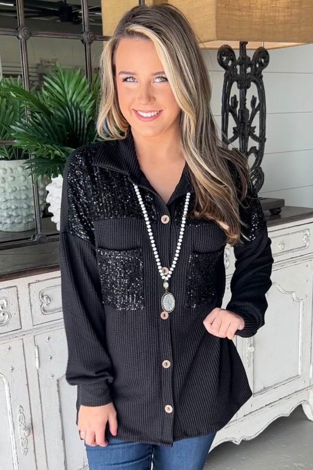Parchment Sequin Patch Chest Pocket Corded Shirt | S - XL | 2 COLORS