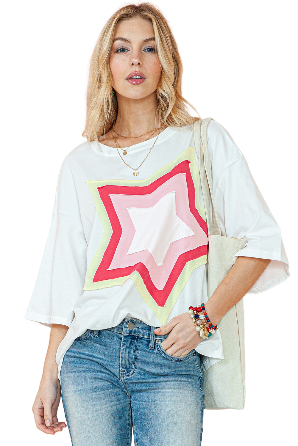 Camiseta extragrande de manga corta con parches de estrellas y bloques de color Bonbon
