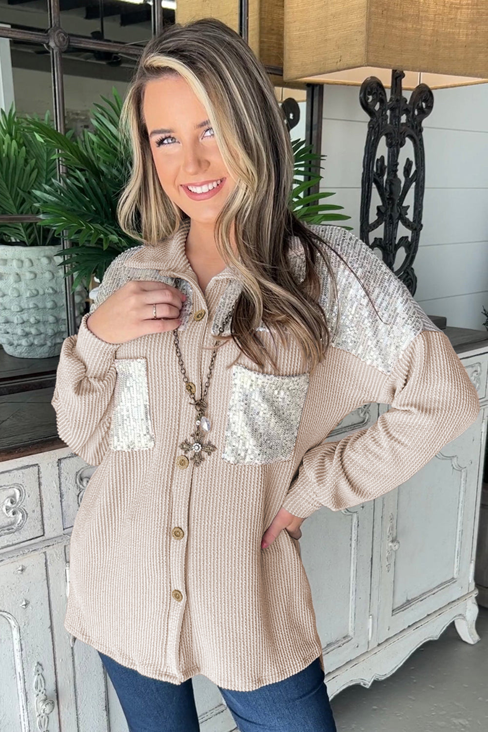 Parchment Sequin Patch Chest Pocket Corded Shirt | S - XL | 2 COLORS