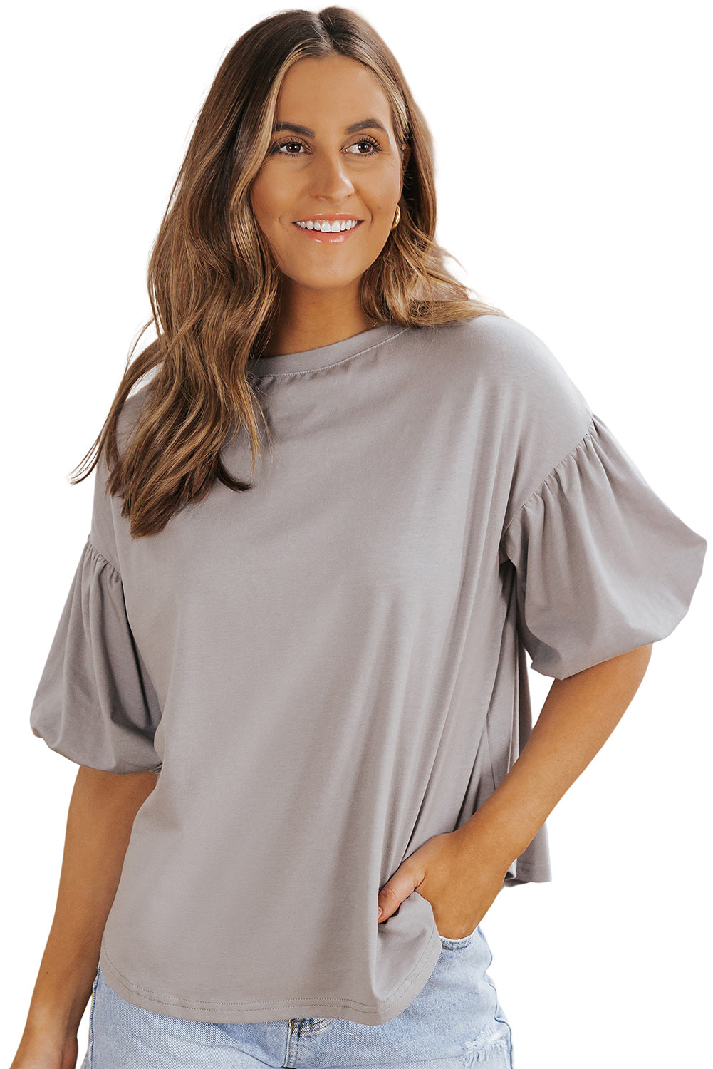 White Solid Color Casual Bubble Sleeve Blouse