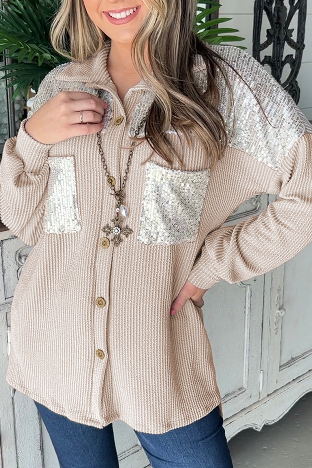 Parchment Sequin Patch Chest Pocket Corded Shirt | S - XL | 2 COLORS