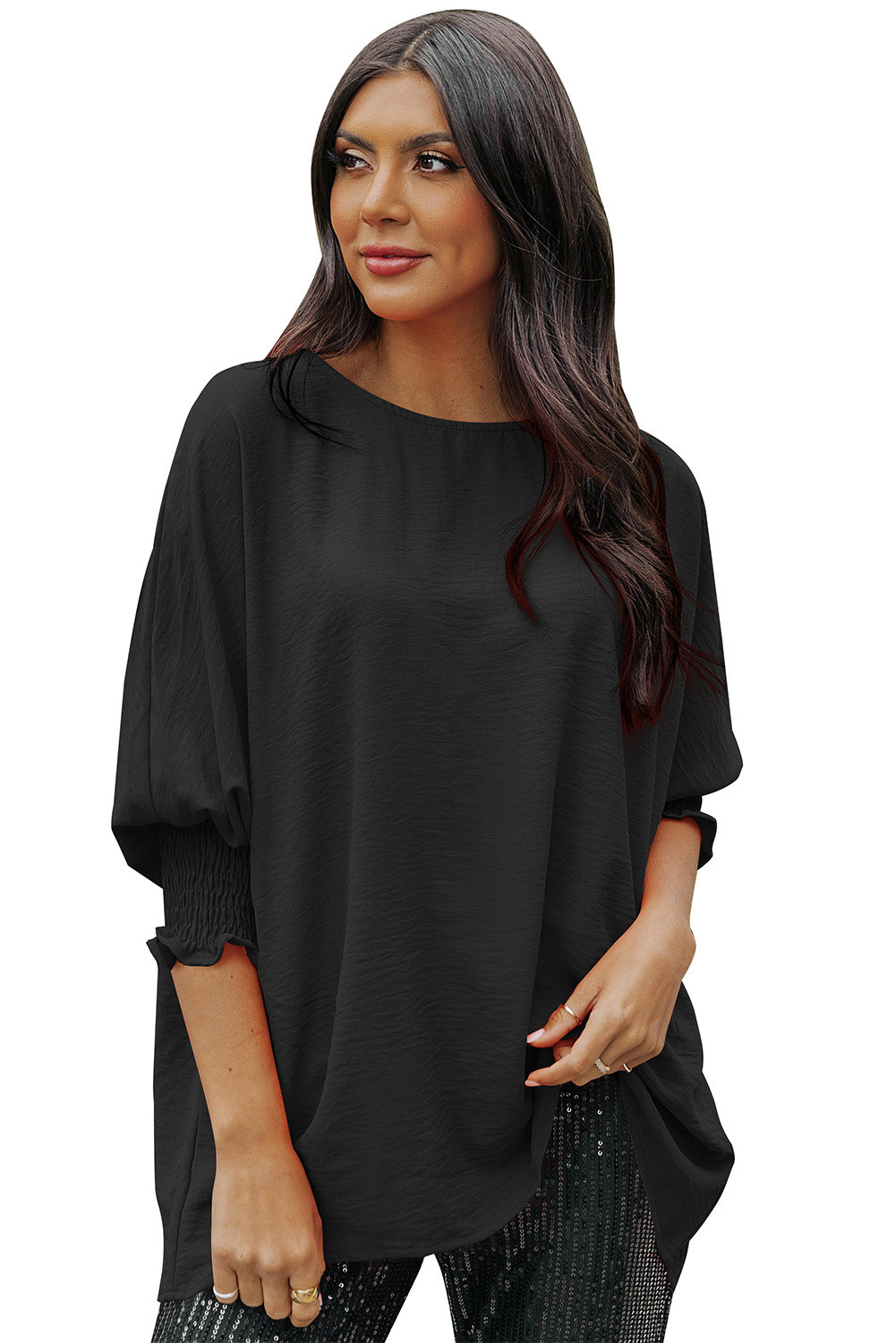 Blusa informal de media manga con puños fruncidos, color blanco, lisa