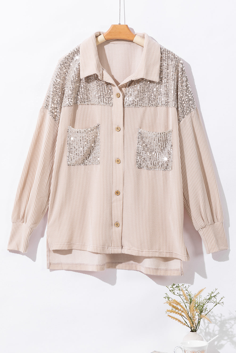 Parchment Sequin Patch Chest Pocket Corded Shirt | S - XL | 2 COLORS