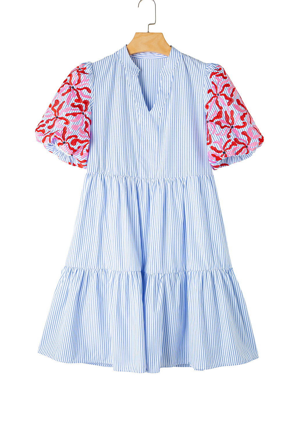 Vestido con volantes, mangas abullonadas y estampado floral de rayas en azul cielo