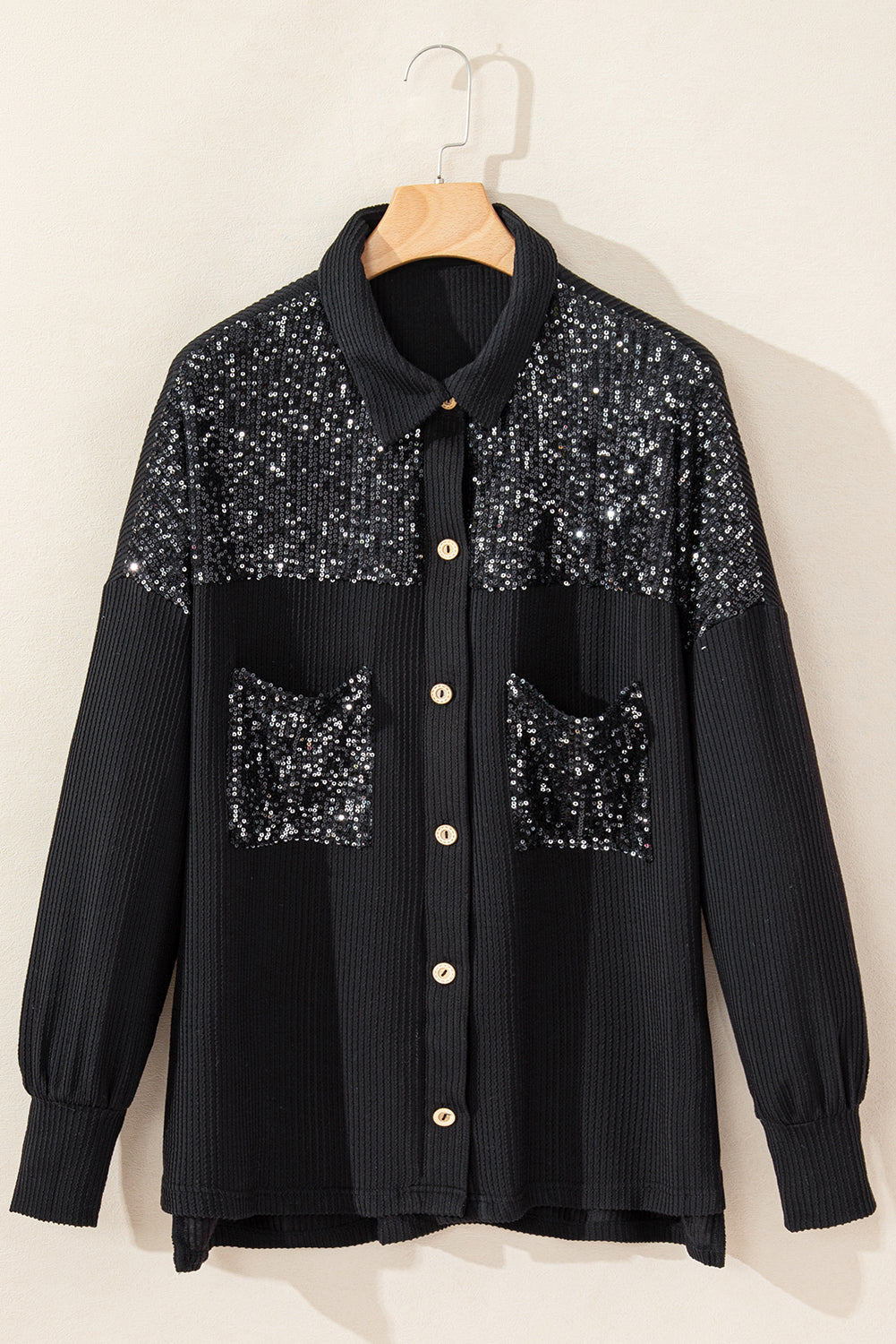 Parchment Sequin Patch Chest Pocket Corded Shirt | S - XL | 2 COLORS