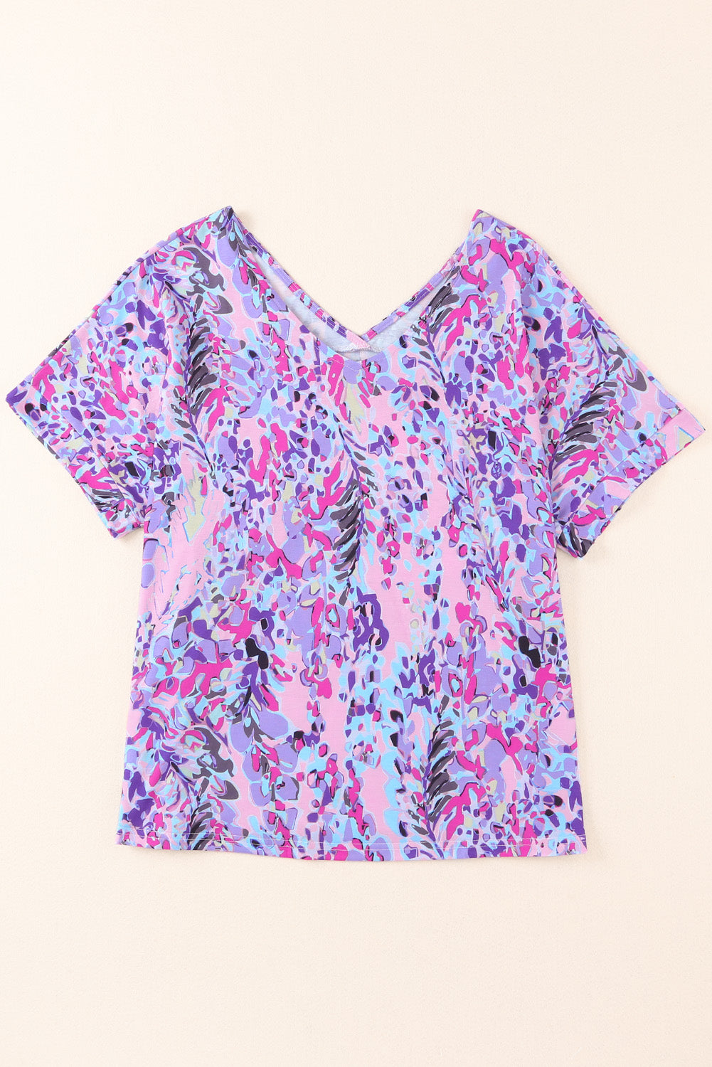 Camiseta de cuello en V y manga corta con estampado floral abstracto en azul pastel