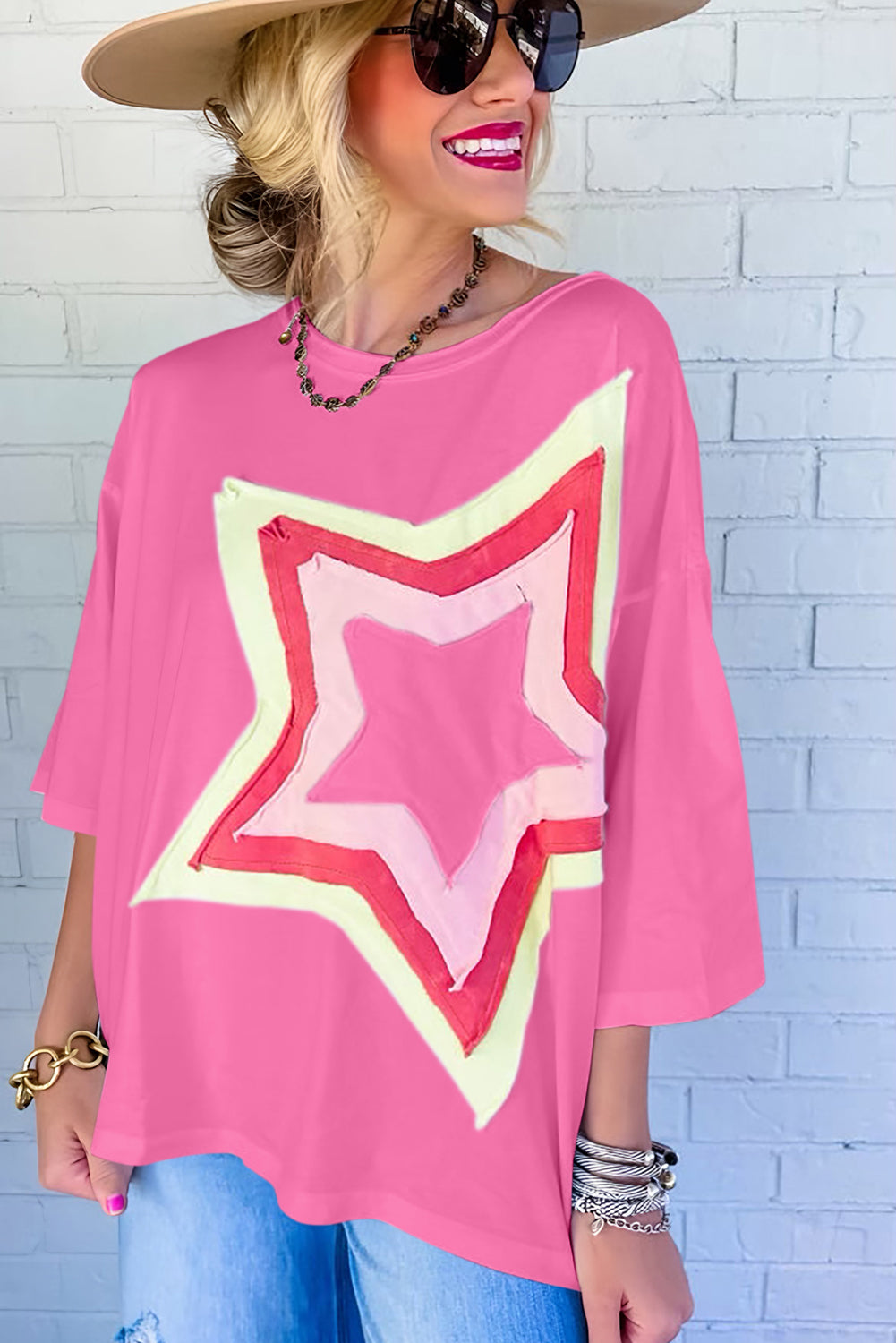 Camiseta extragrande de manga corta con parches de estrellas y bloques de color Bonbon
