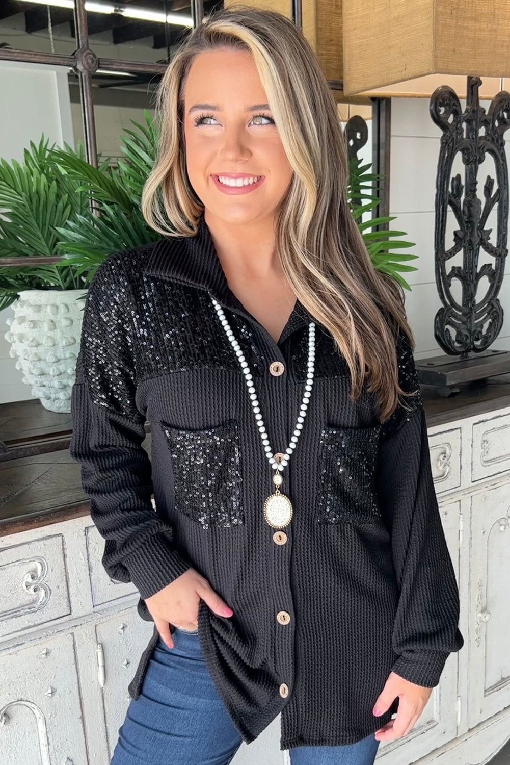 Parchment Sequin Patch Chest Pocket Corded Shirt | S - XL | 2 COLORS