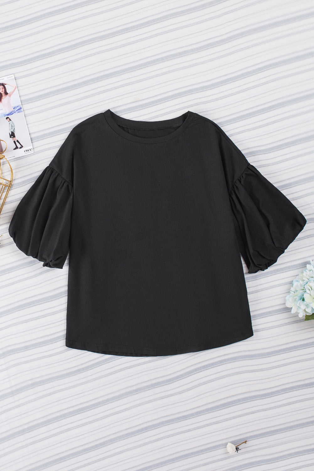 White Solid Color Casual Bubble Sleeve Blouse