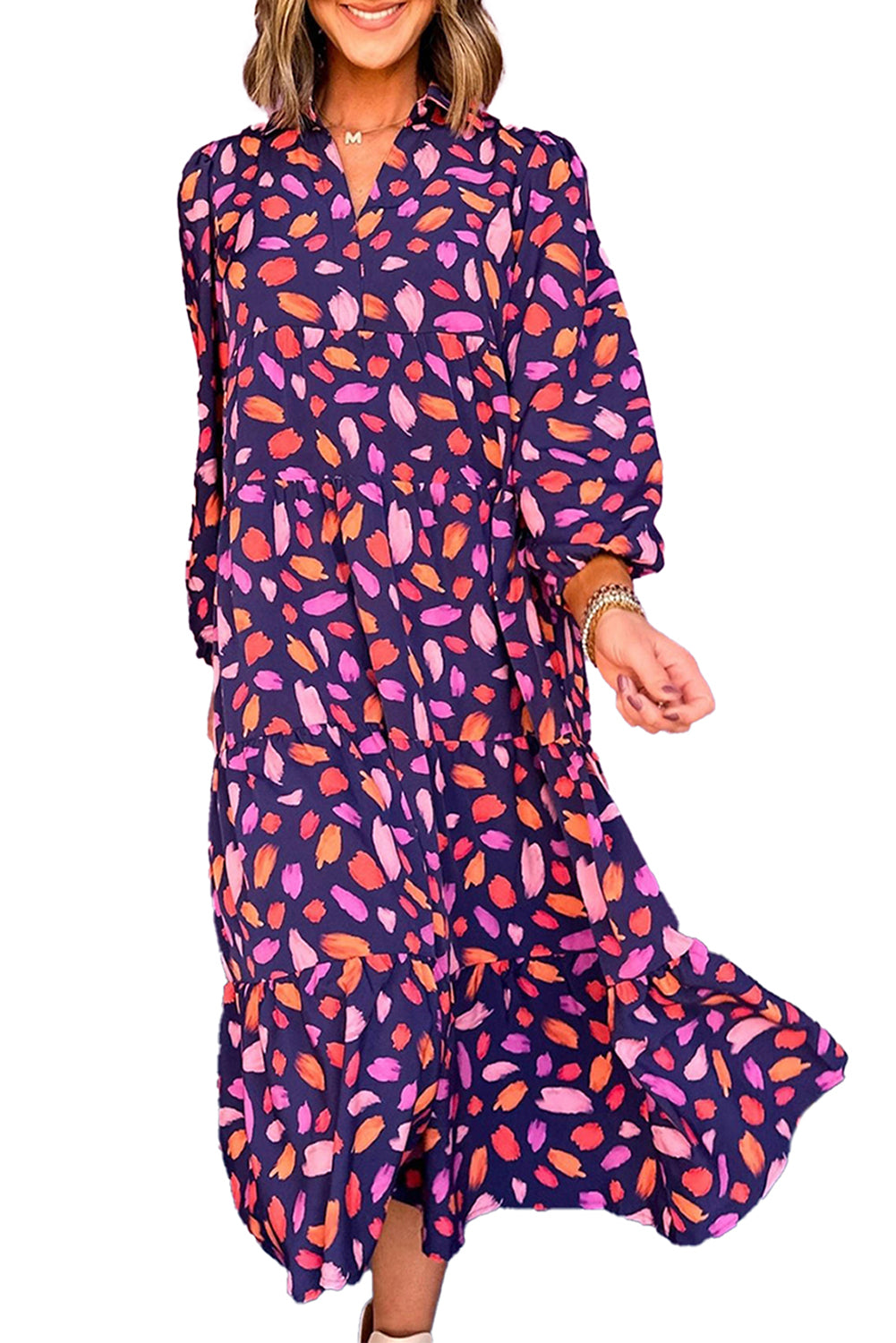 Purple Floral Print Collared Tiered Flowy Long Dress
