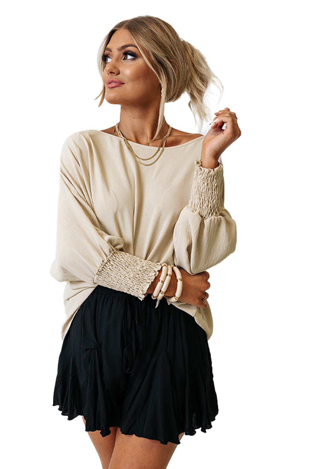 Blusa informal de media manga con puños fruncidos, color blanco, lisa