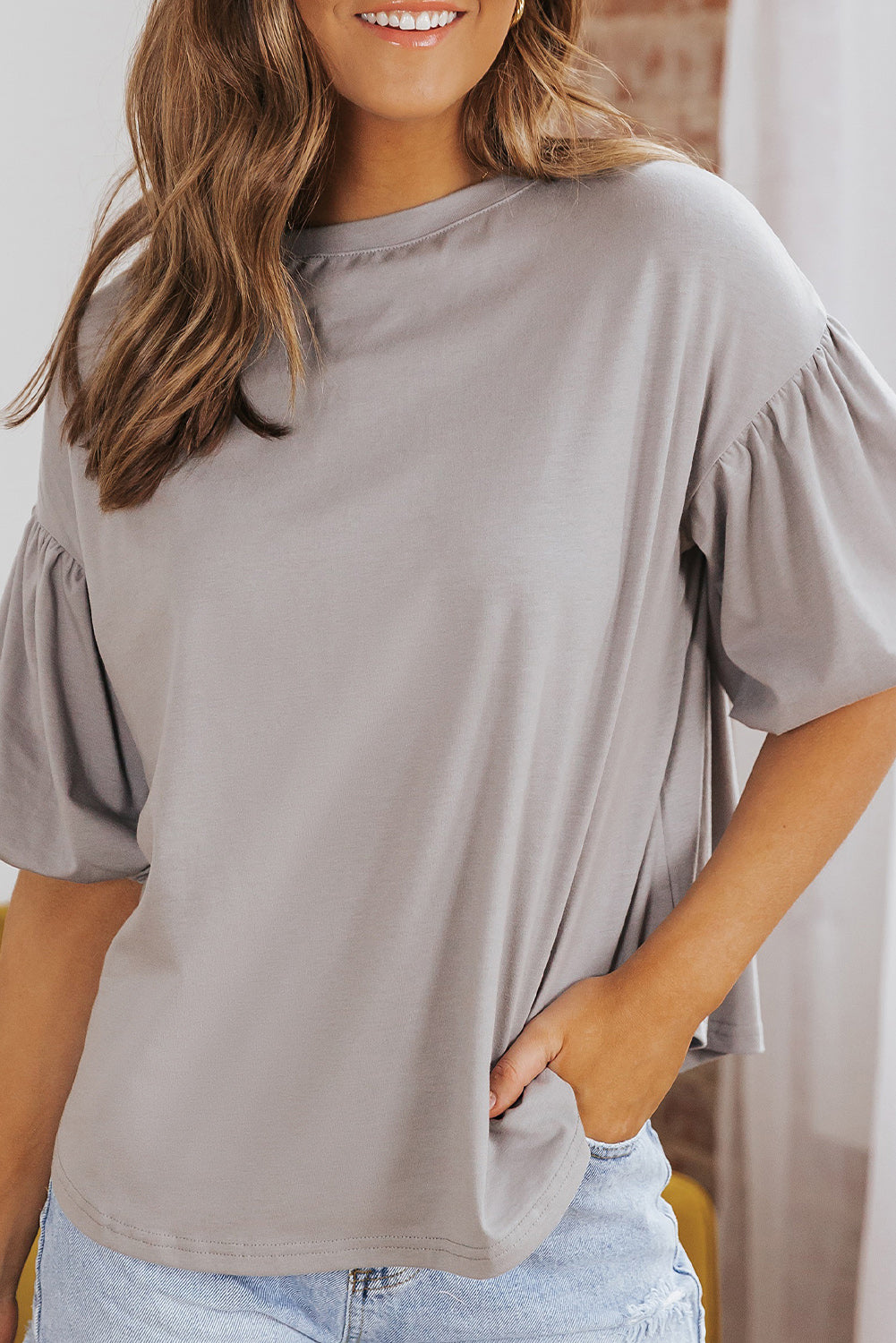 White Solid Color Casual Bubble Sleeve Blouse