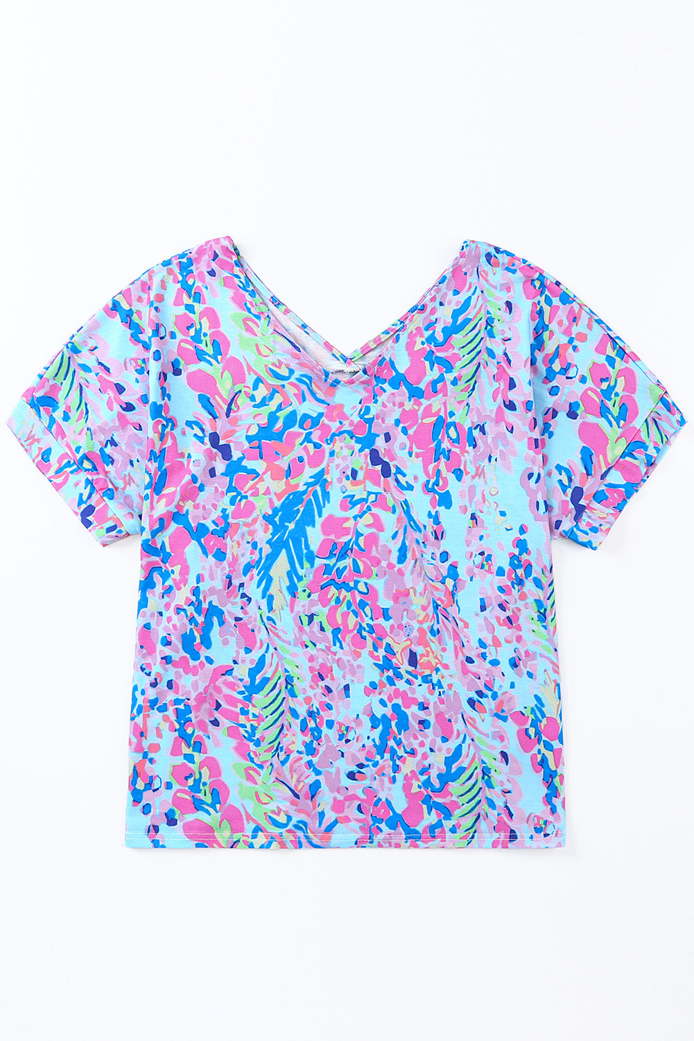 Camiseta de cuello en V y manga corta con estampado floral abstracto en azul pastel