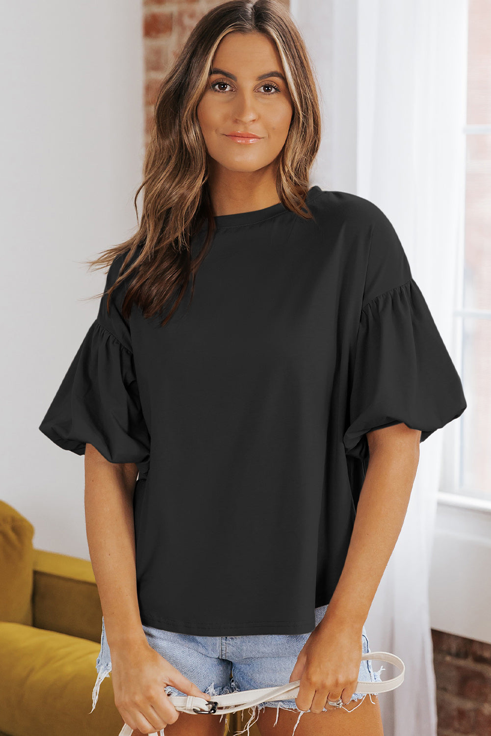 White Solid Color Casual Bubble Sleeve Blouse