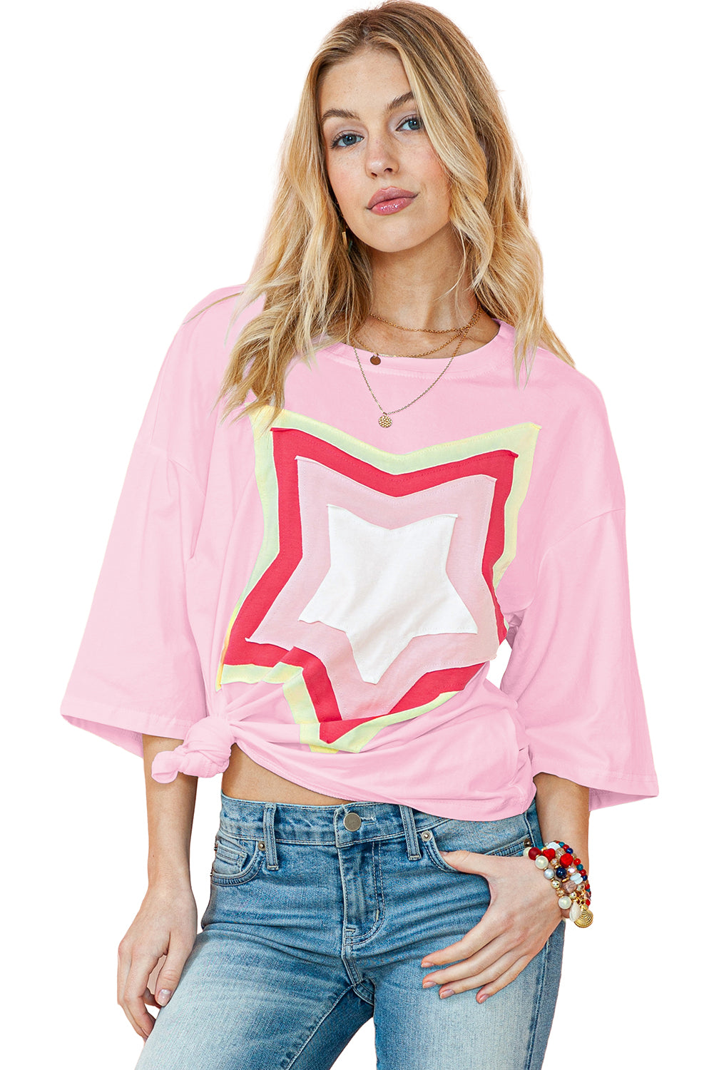 Camiseta extragrande de manga corta con parches de estrellas y bloques de color Bonbon