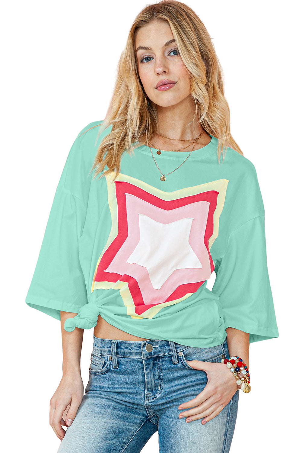 Camiseta extragrande de manga corta con parches de estrellas y bloques de color Bonbon