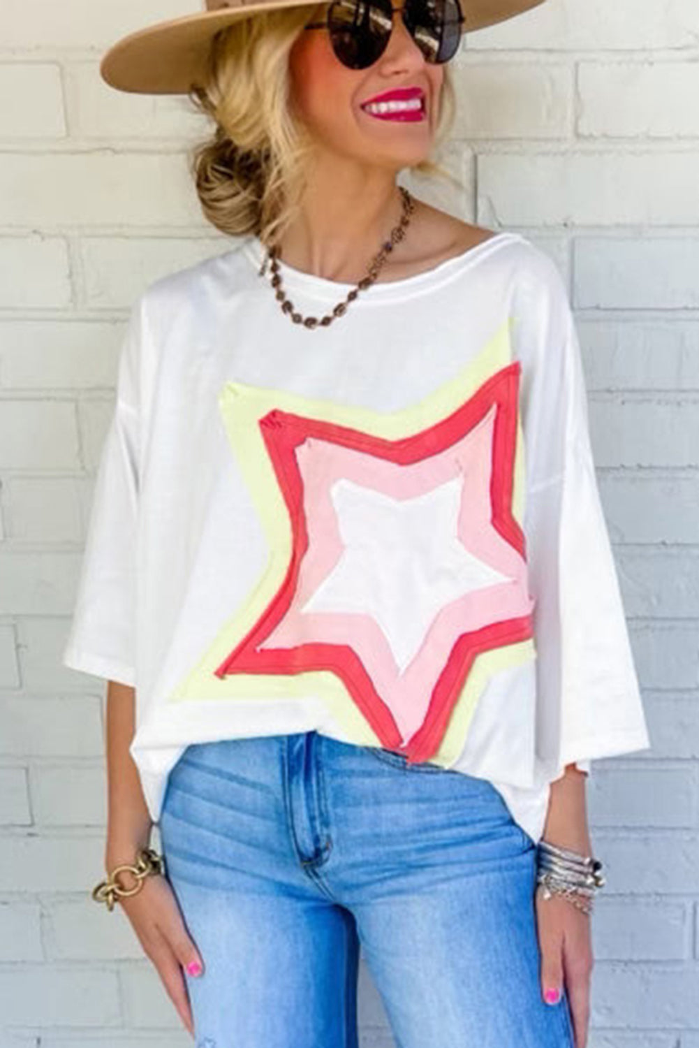 Camiseta extragrande de manga corta con parches de estrellas y bloques de color Bonbon