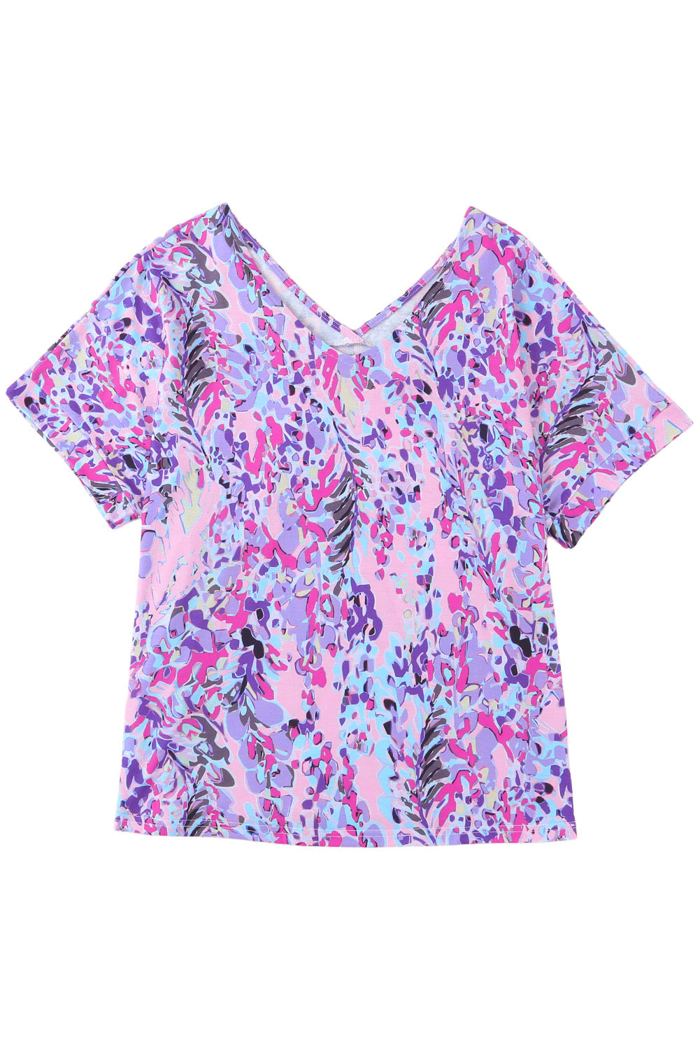 Camiseta de cuello en V y manga corta con estampado floral abstracto en azul pastel