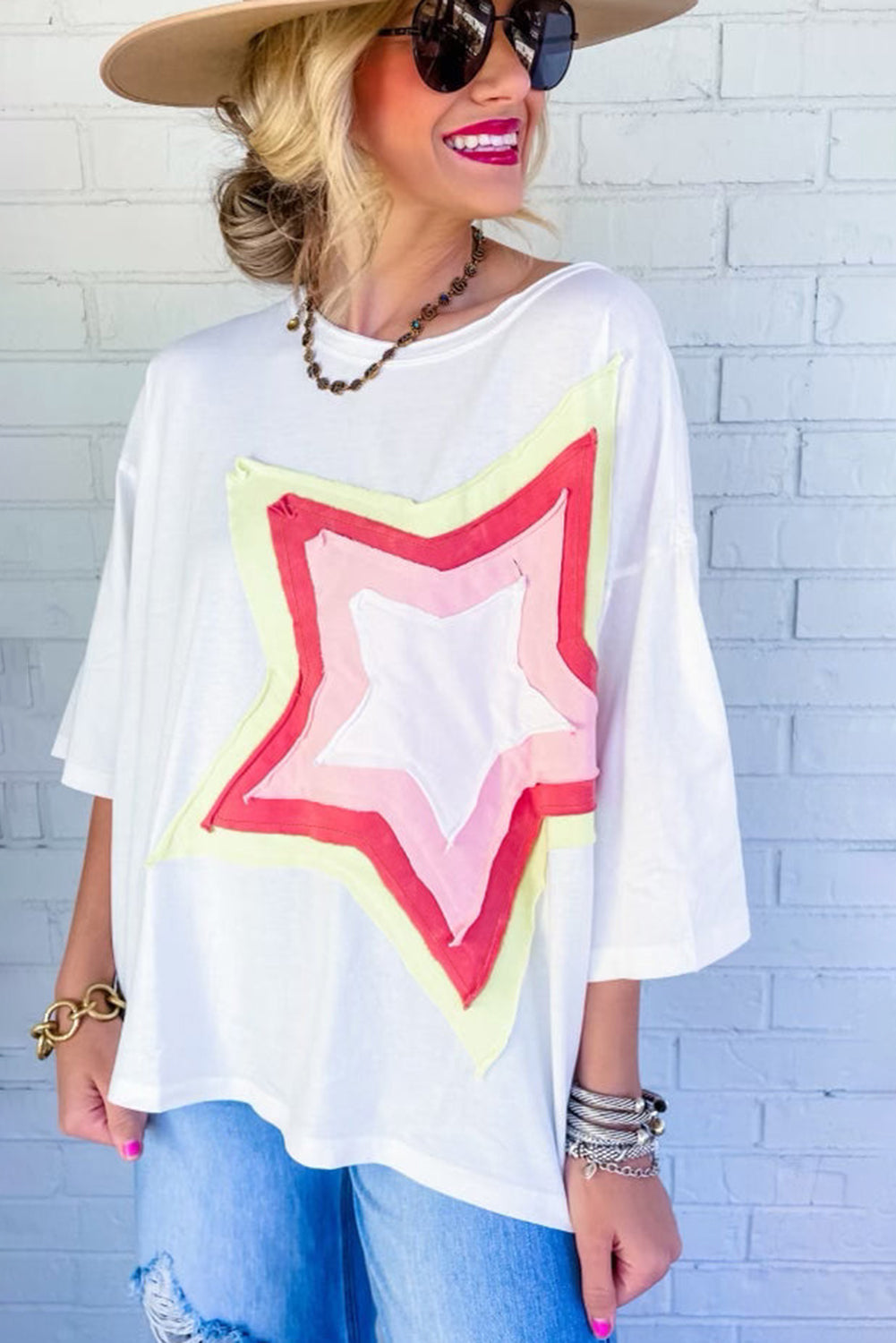 Camiseta extragrande de manga corta con parches de estrellas y bloques de color Bonbon