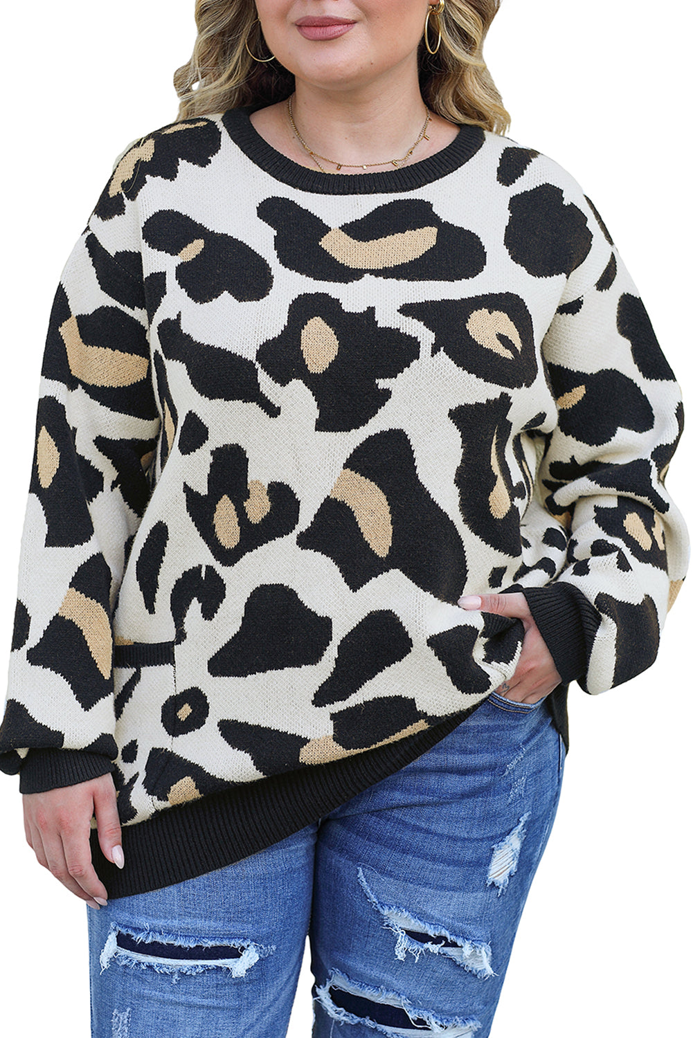 Suéter de talla grande con bolsillos y ribete de canalé de leopardo
