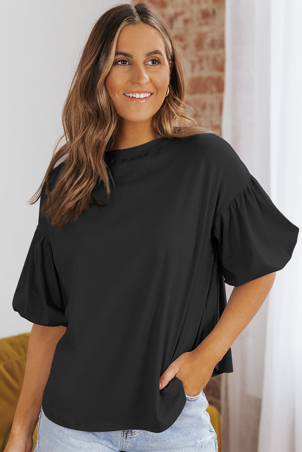 White Solid Color Casual Bubble Sleeve Blouse