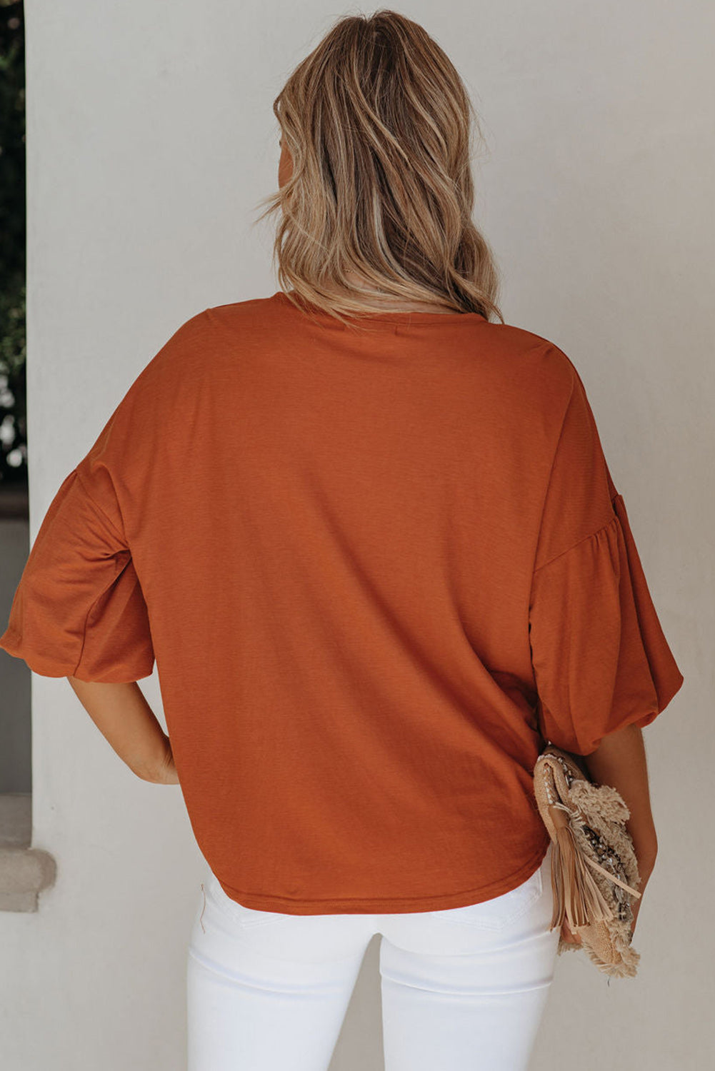 White Solid Color Casual Bubble Sleeve Blouse