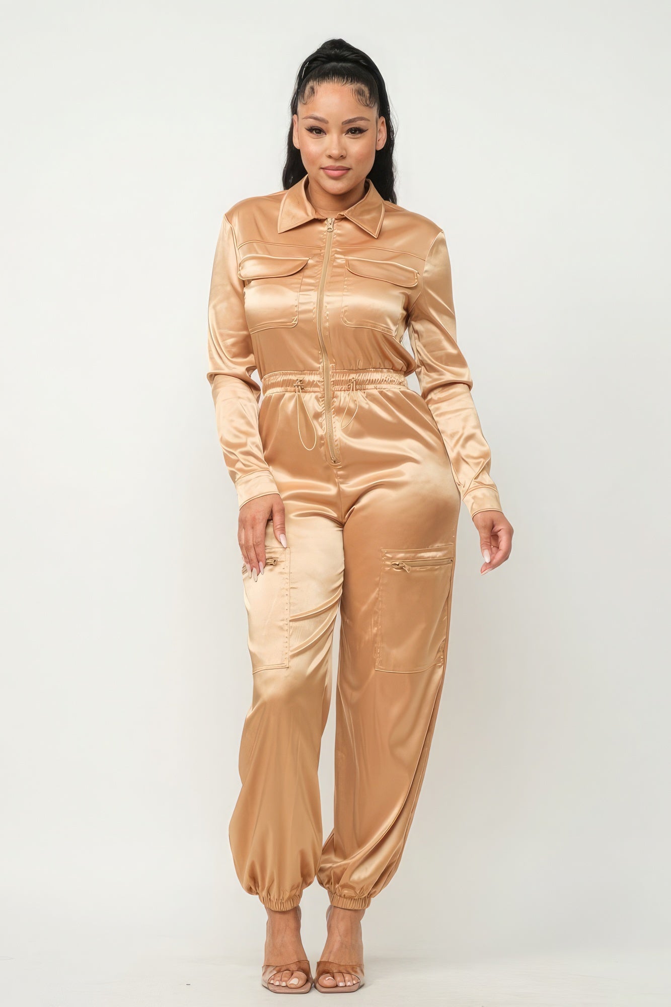 Front Zipper Pockets Top And Pants Jumpsuit - Gold