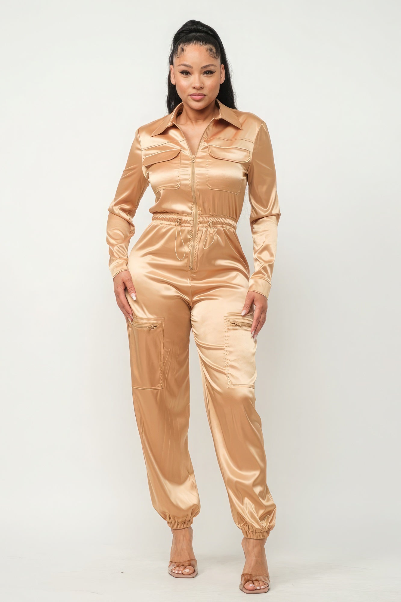 Front Zipper Pockets Top And Pants Jumpsuit - Gold