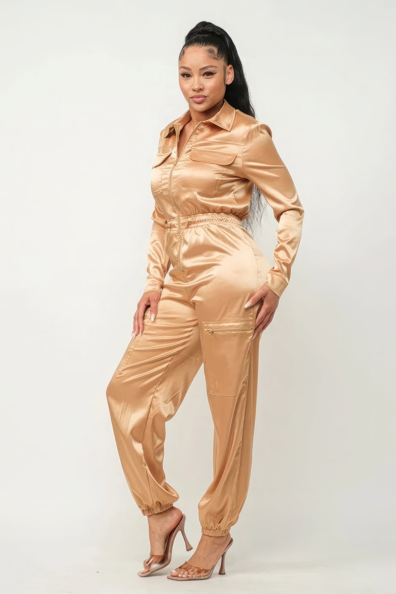 Front Zipper Pockets Top And Pants Jumpsuit - Gold