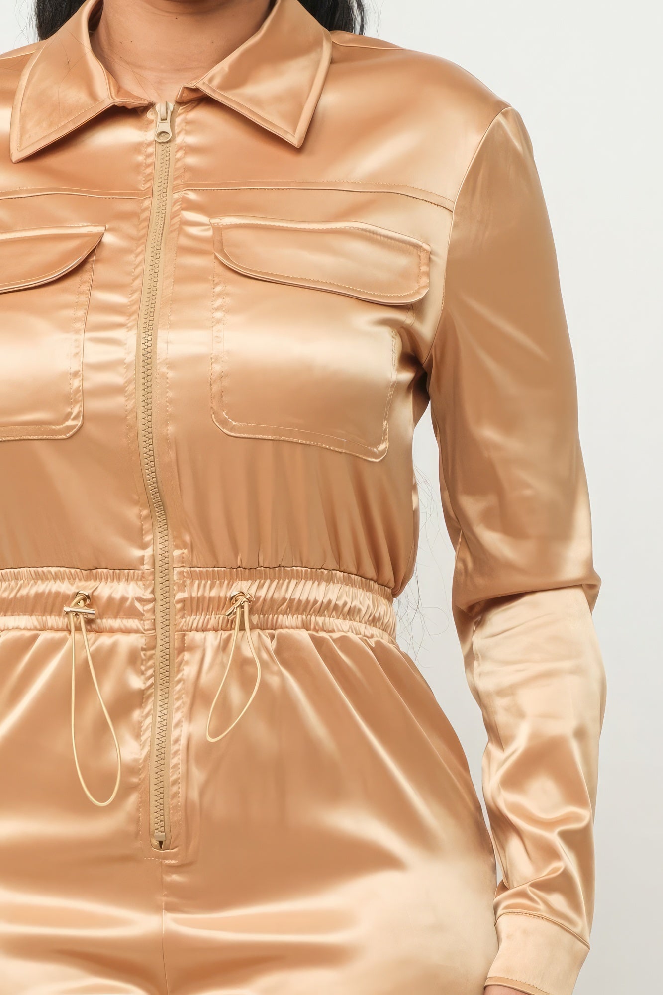 Front Zipper Pockets Top And Pants Jumpsuit - Gold