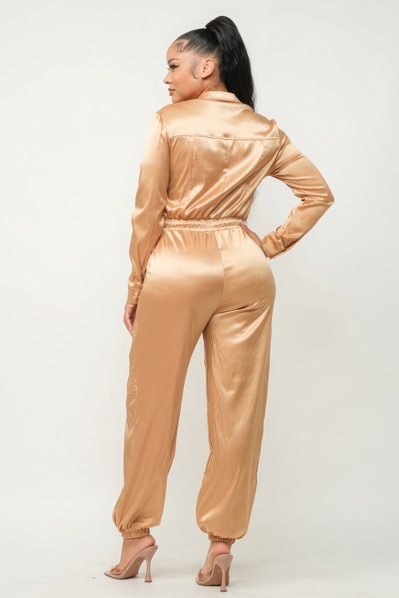 Front Zipper Pockets Top And Pants Jumpsuit - Gold