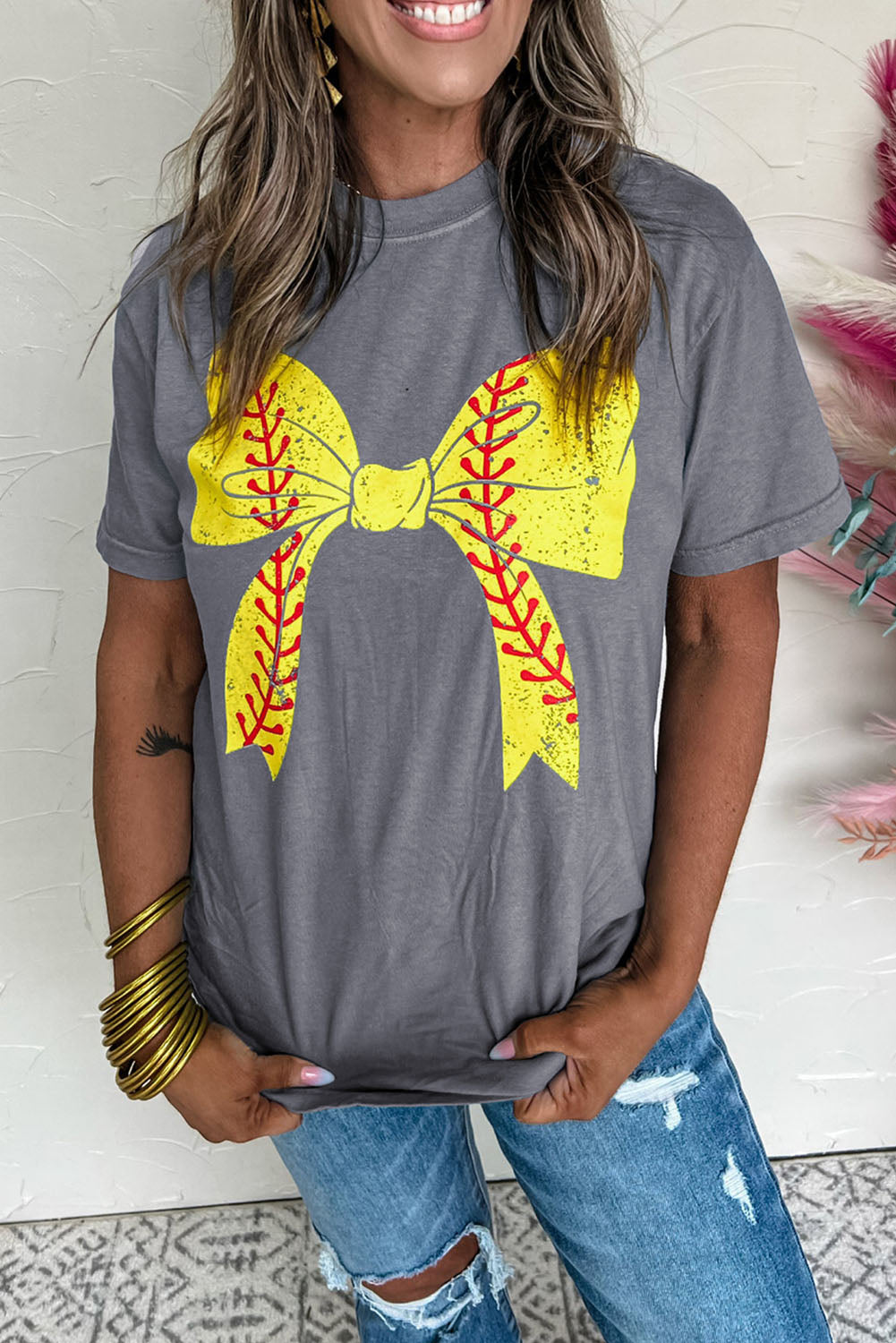 Gray Casual Softball Bowknot Graphic Roll Up Sleeve Tee