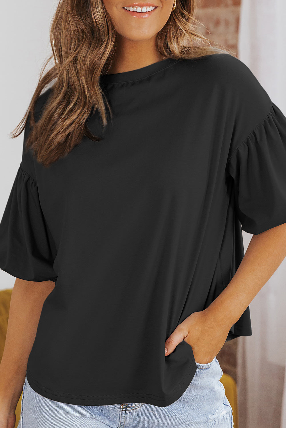 White Solid Color Casual Bubble Sleeve Blouse
