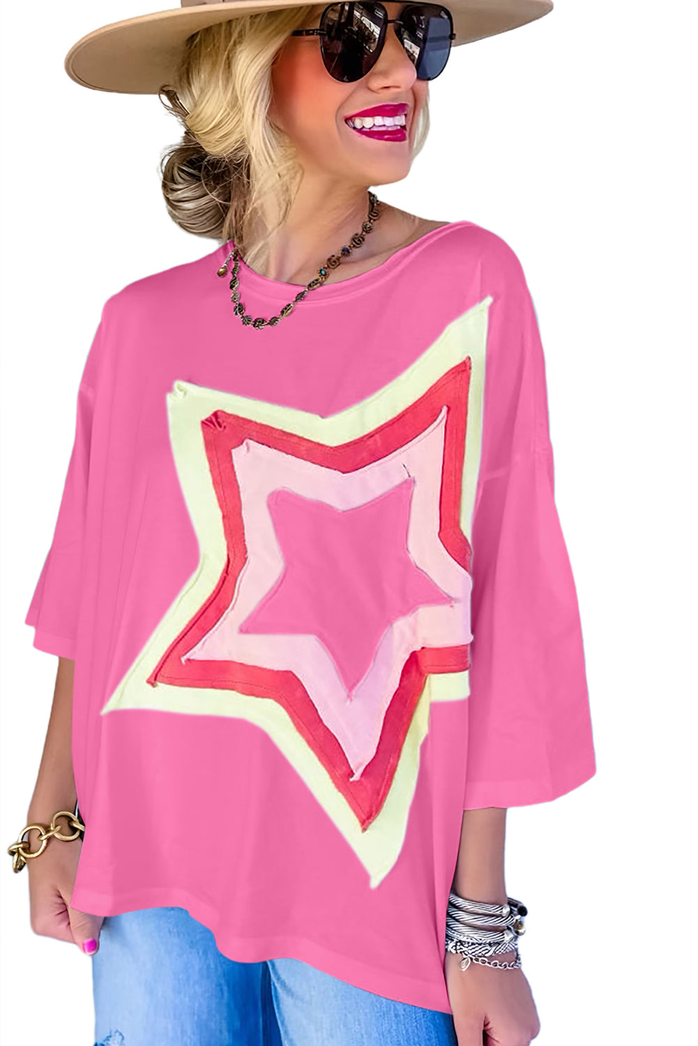 Camiseta extragrande de manga corta con parches de estrellas y bloques de color Bonbon