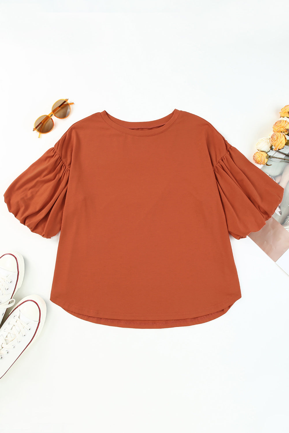 White Solid Color Casual Bubble Sleeve Blouse