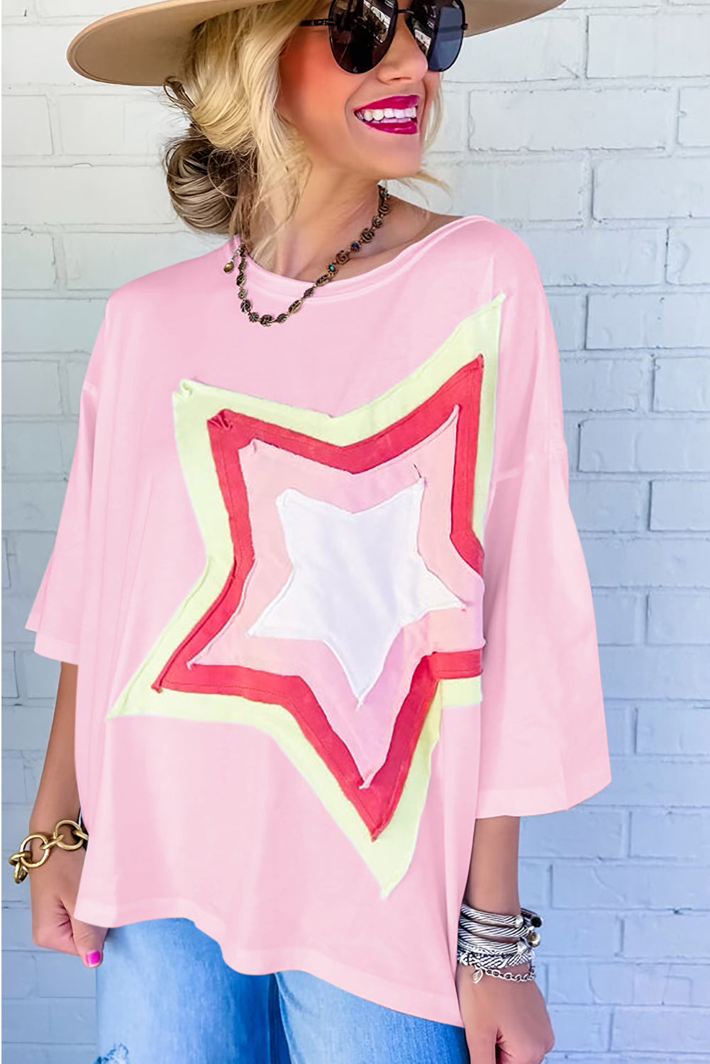 Camiseta extragrande de manga corta con parches de estrellas y bloques de color Bonbon
