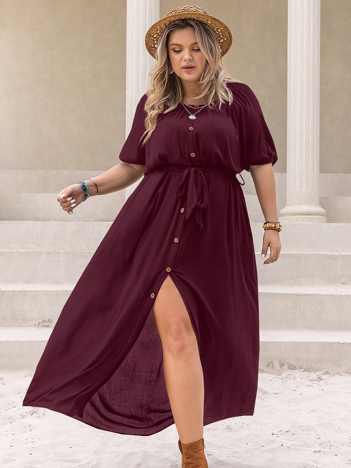 Vestido de talla grande con cuello redondo y media manga