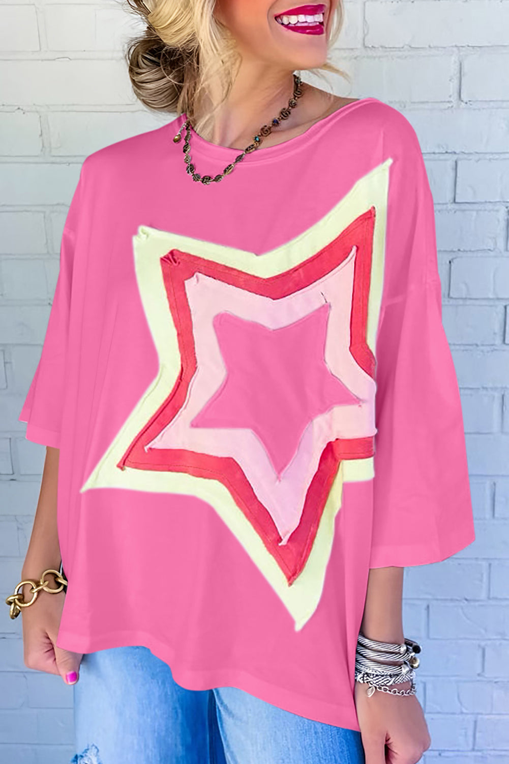 Camiseta extragrande de manga corta con parches de estrellas y bloques de color Bonbon