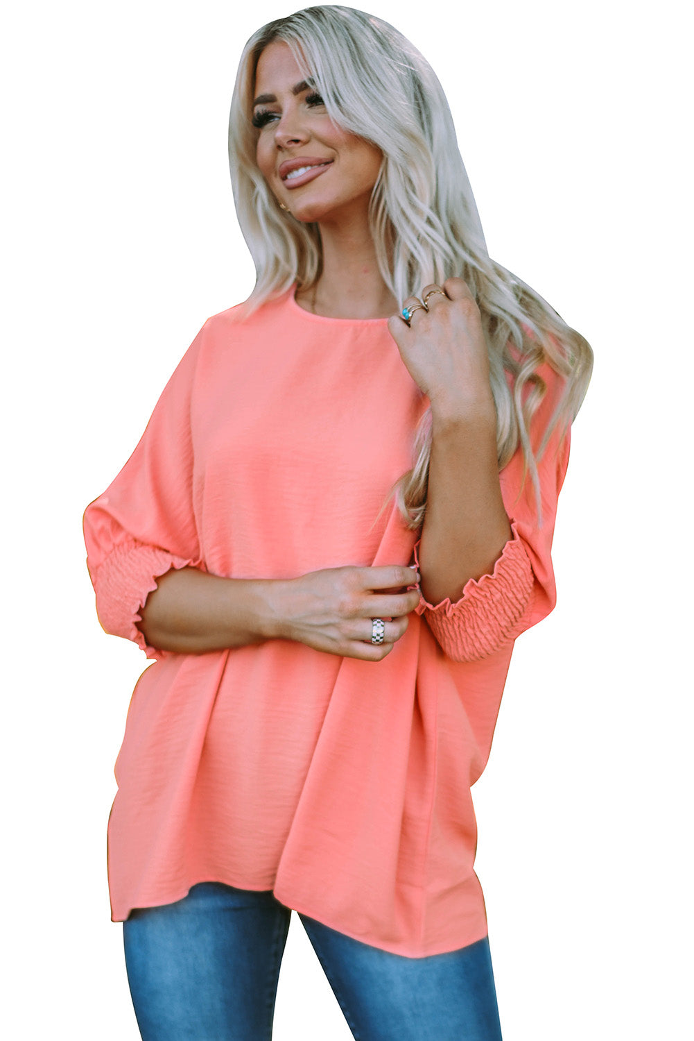 Blusa informal de media manga con puños fruncidos, color blanco, lisa