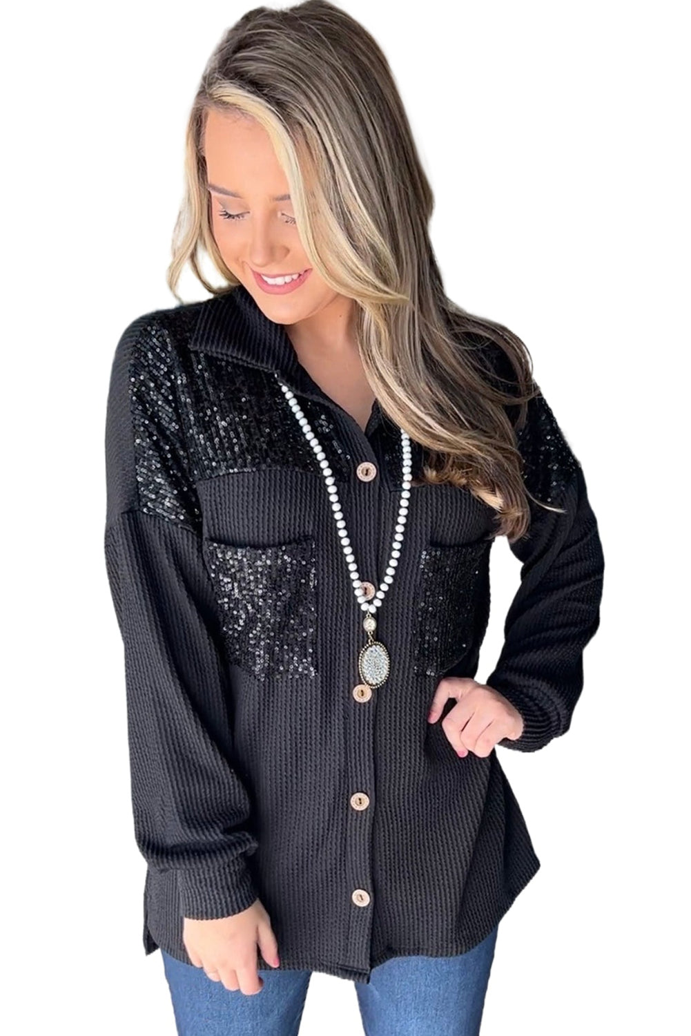 Parchment Sequin Patch Chest Pocket Corded Shirt | S - XL | 2 COLORS