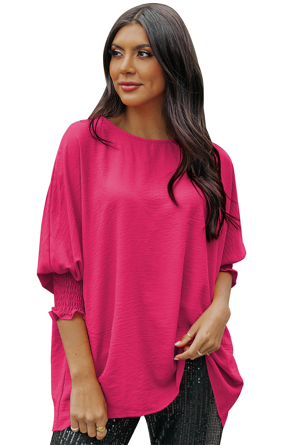 Blusa informal de media manga con puños fruncidos, color blanco, lisa