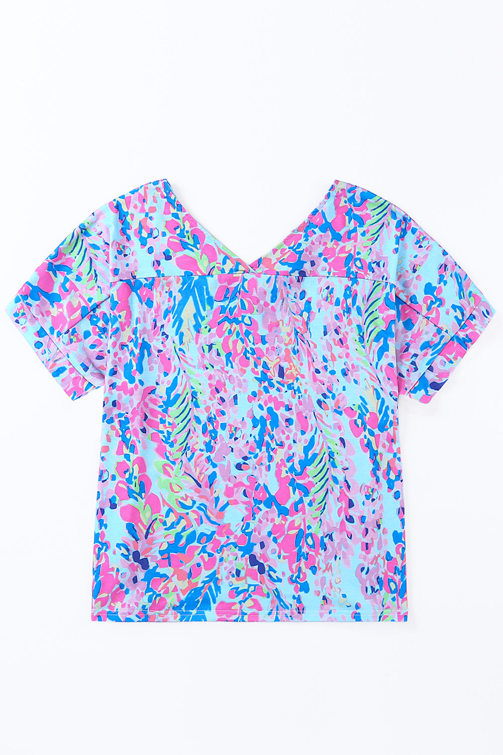 Camiseta de cuello en V y manga corta con estampado floral abstracto en azul pastel